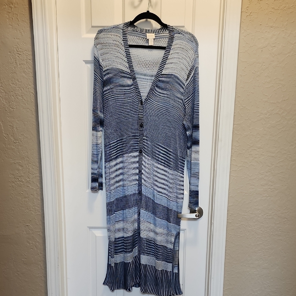 Chico's Navy and White Patterned Cardigan Sz 3 (XLarge)